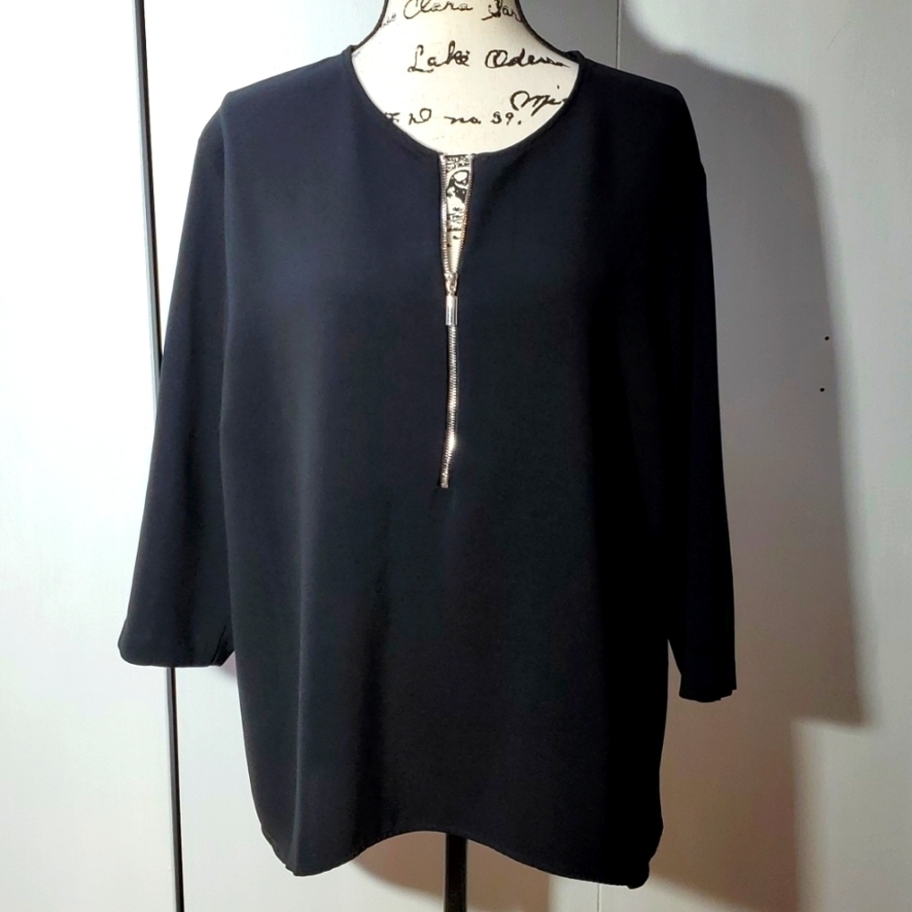 ICO| Womens Black Elegant Blouse Silver Front Zipper Edgy Office Careerwear XXL